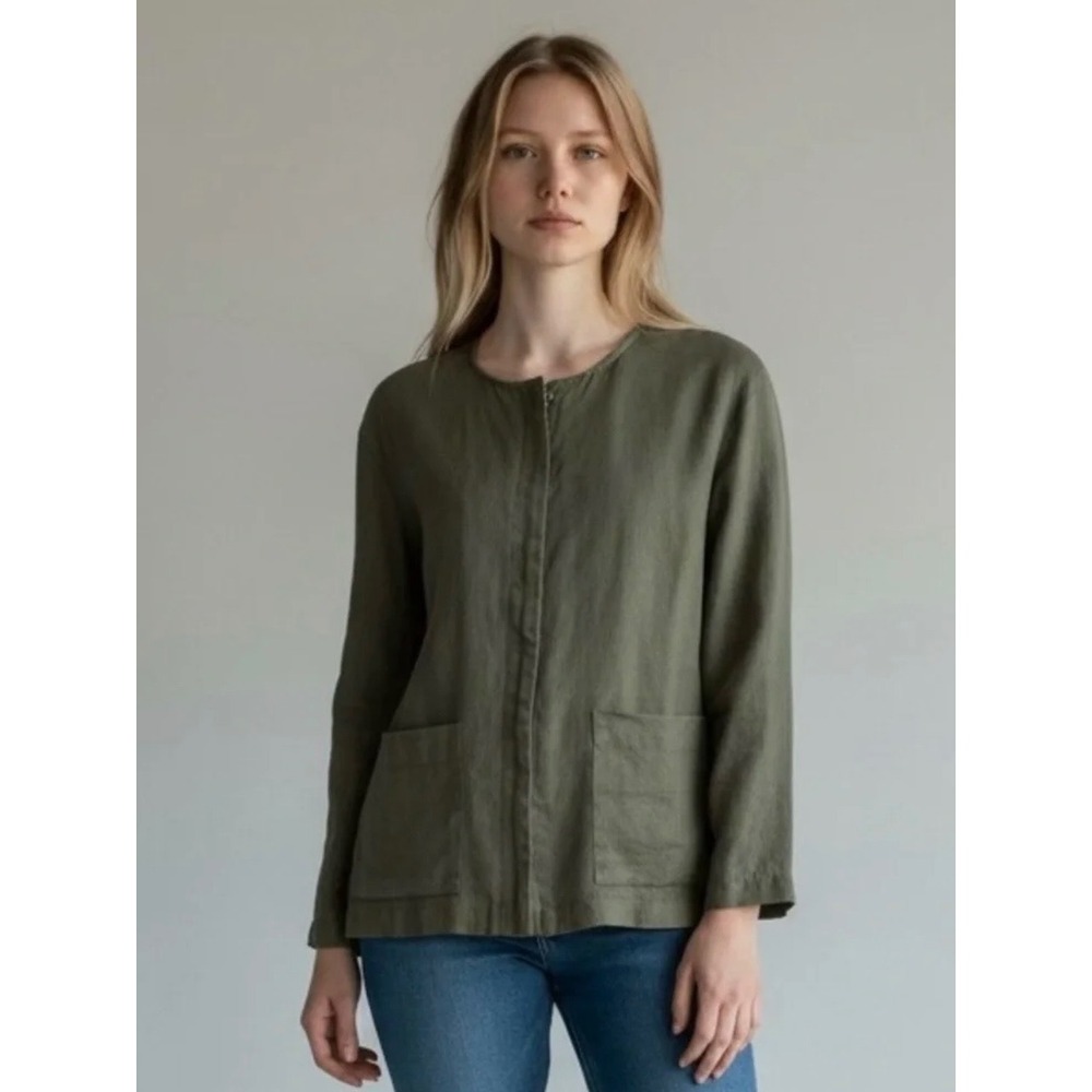 Chico's Olive Green 100% Linen Hidden Zipper Jacket Size 1 M Pockets Collarless